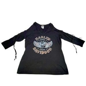 Harley-Davidson Womens Top Black Open Shoulder Lattice Tie Sleeves Shirt XL NY